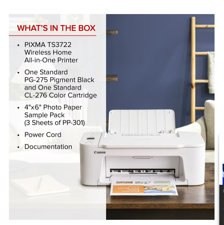 Canon PIXMA TS3722 Wireless All-In-One Inkjet Printer for Home Office