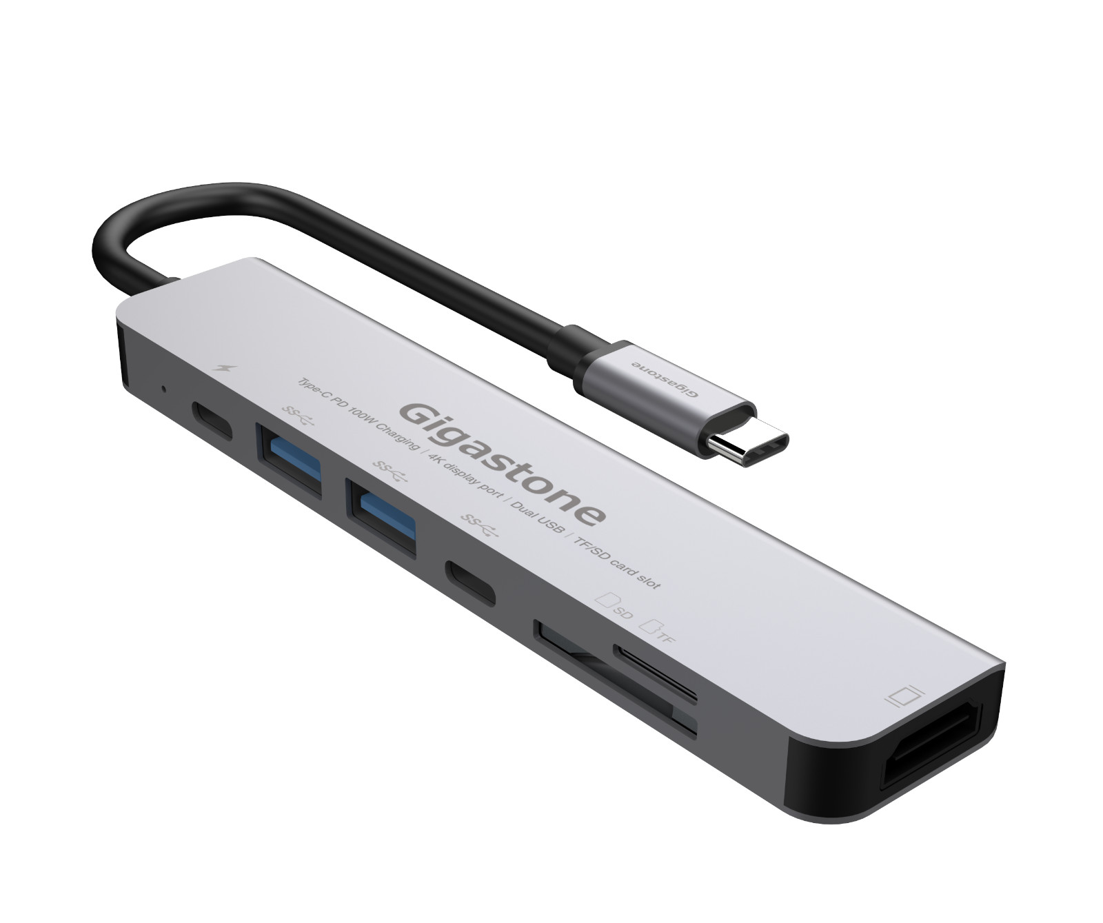 Gigastone USB-C HUB, 7IN1 Type-C , PD charge 100W, 2 USB 3.0 Ports, card reader