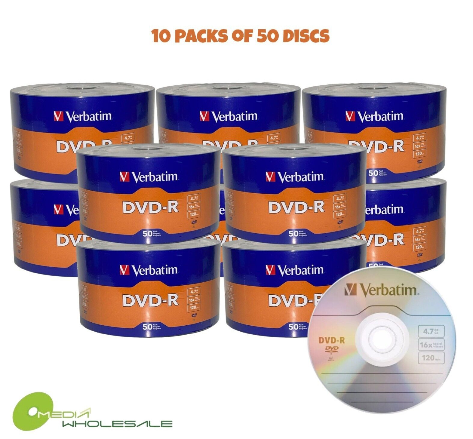 500 VERBATIM Blank 16X DVD-R DVDR Branded Logo 4.7GB Recordable Media Disc