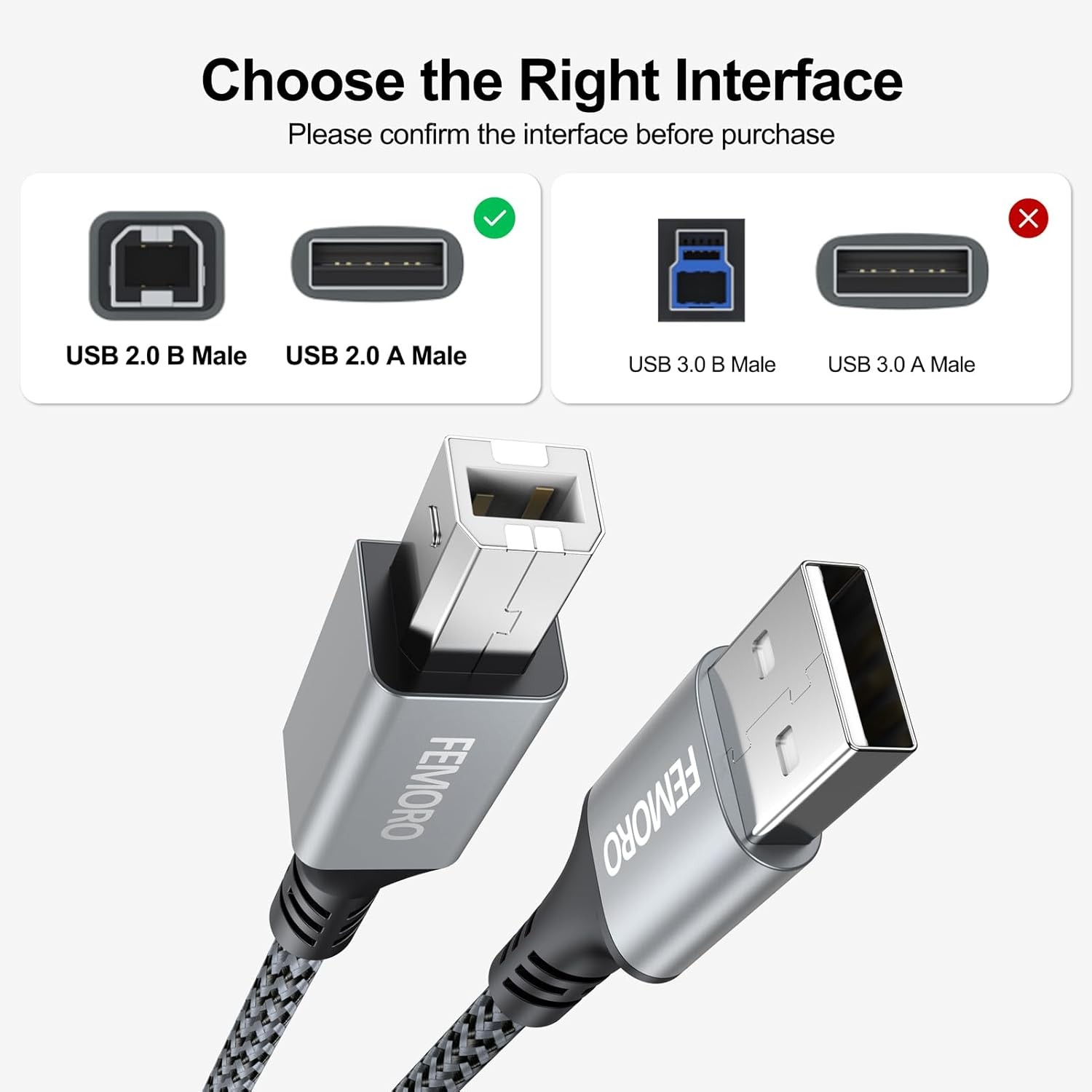 FEMORO USB Printer Cable 15 Foot, Long Type A to B 15 Feet