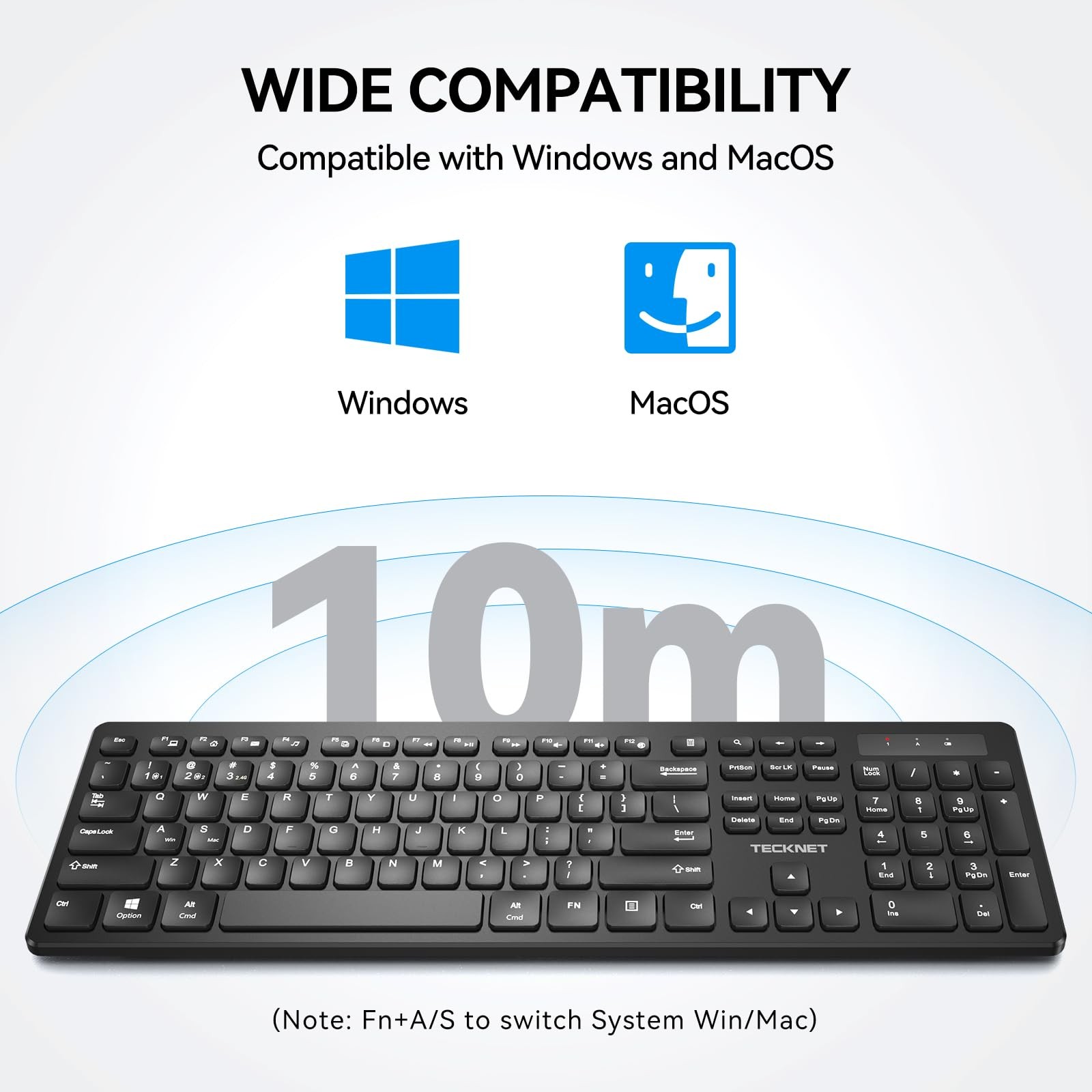 Wireless Keyboard 2.4G Bluetooth Multi Device Full Size For Win Mac PC Black