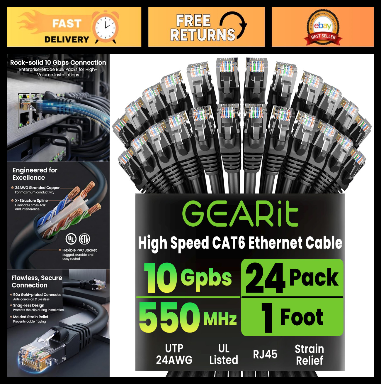 High-Speed Cat 6 Ethernet Cables 1ft – 24-Pack, 10Gbps Snagless RJ45, Gaming & P