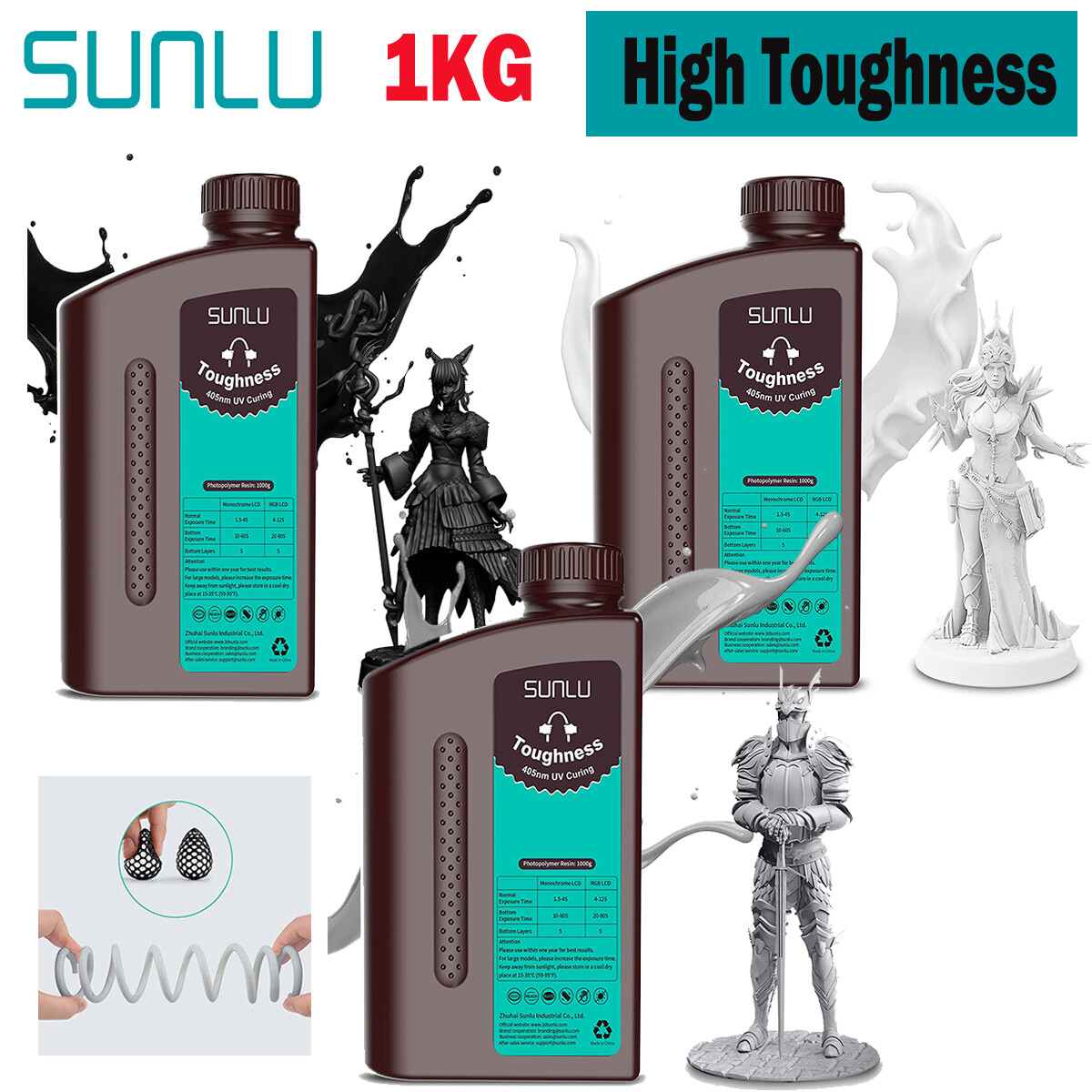 SUNLU High Tough Flexible Resin 1KG,3D Printer Resin,405nm UV Curing,Flexible