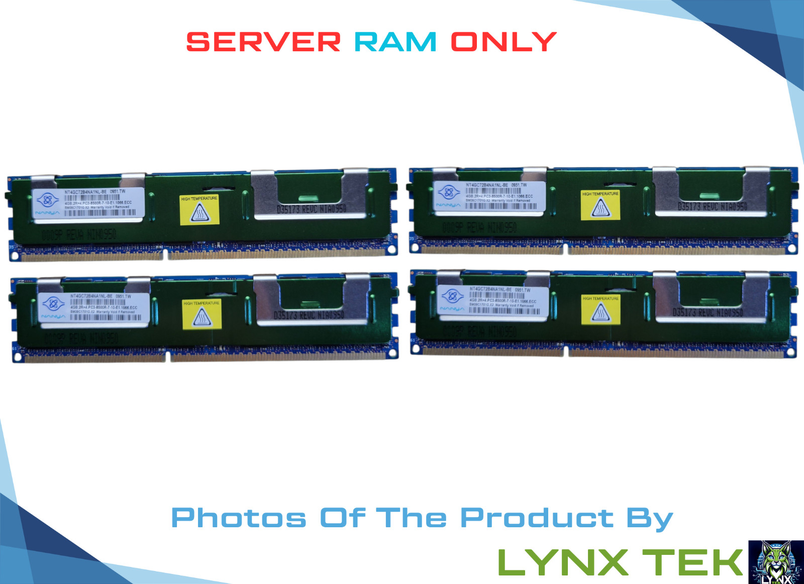 Lot of 4 Nanya 4GB 2Rx4 PC3 8500R ECC RDIMM DDR3 1066MHz SDRAM NT4GC72B4NA1NL-BE