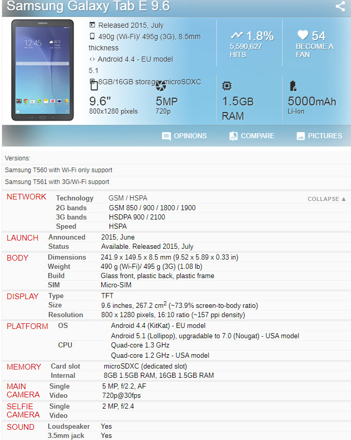 SAMSUNG GALAXY TAB E SM-T560 8GB Android WiFi TABLET PC 9.6″