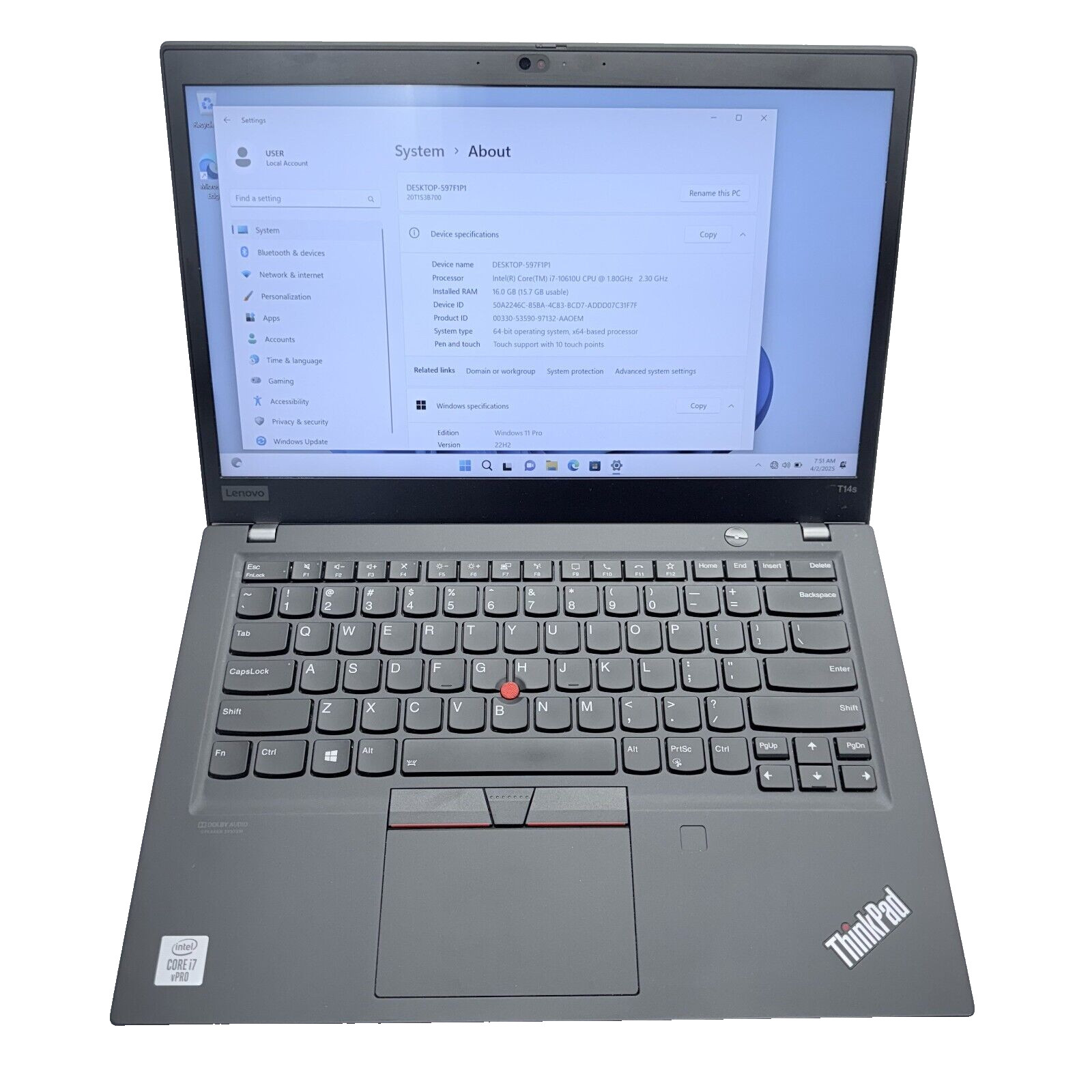 Lenovo ThinkPad T14s Gen 1 (14″) AMD Ryzen 7 PRO 4750U 16GB RAM 256GB SSD