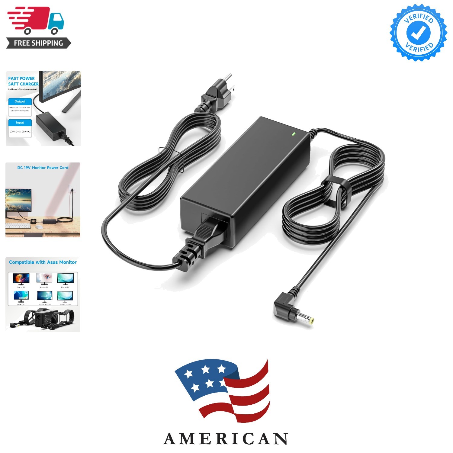 19V 65W Power Cord for Asus Monitor VS248H-P VG248QE VX238H MX279H ROG PG278Q…