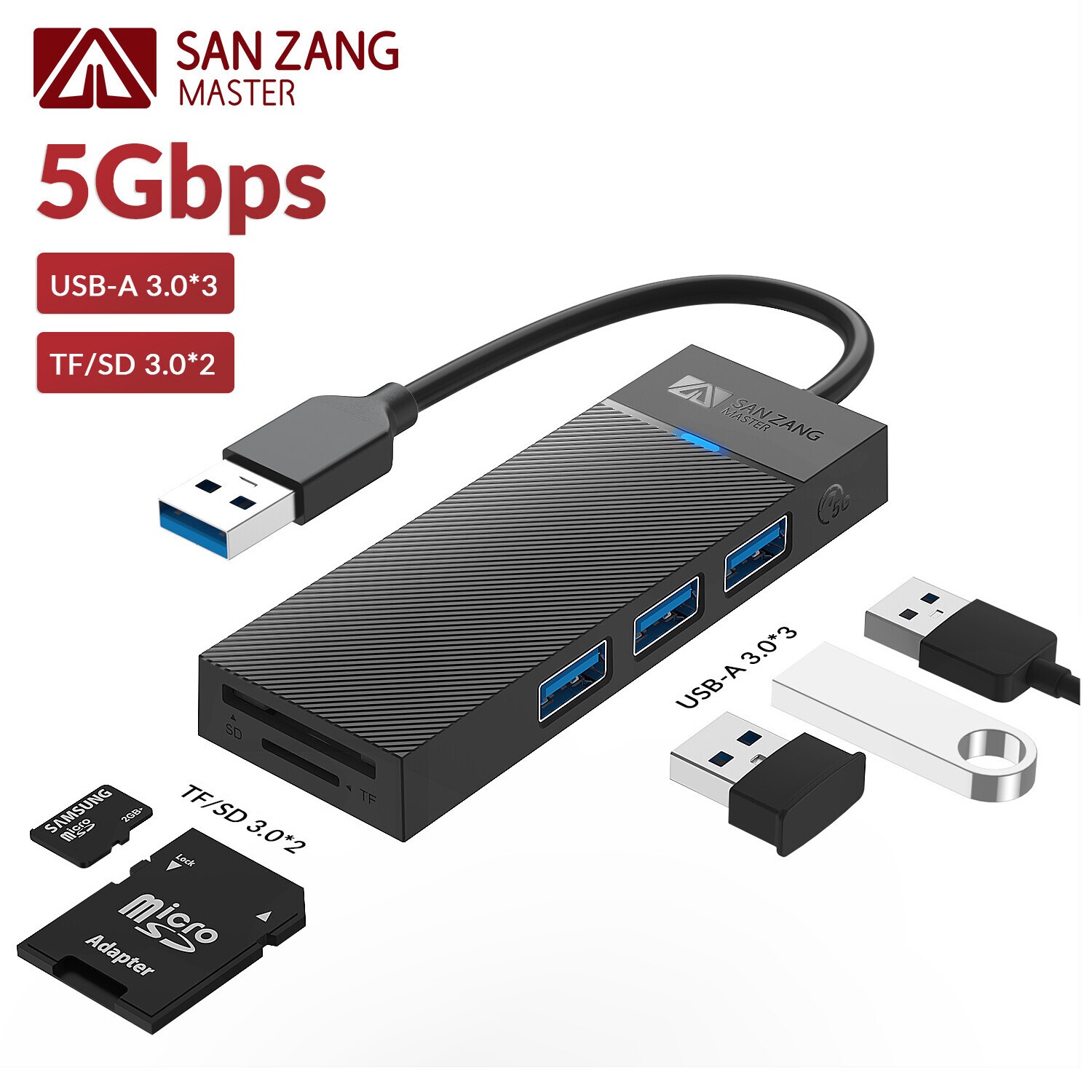 5 Ports USB 3.0 Hub Type- A Adapter SD TF Card Reader Ports Ultra Slim Data Hub