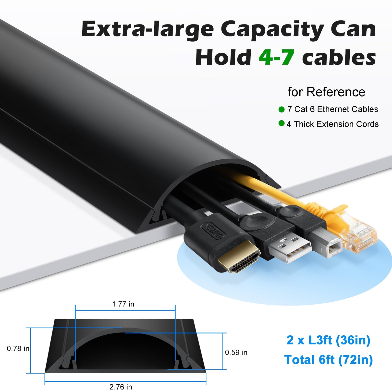 Cord Cover Floor 2.76″W X 0.78″H, Large Capacity Hard PVC Cable Hider
