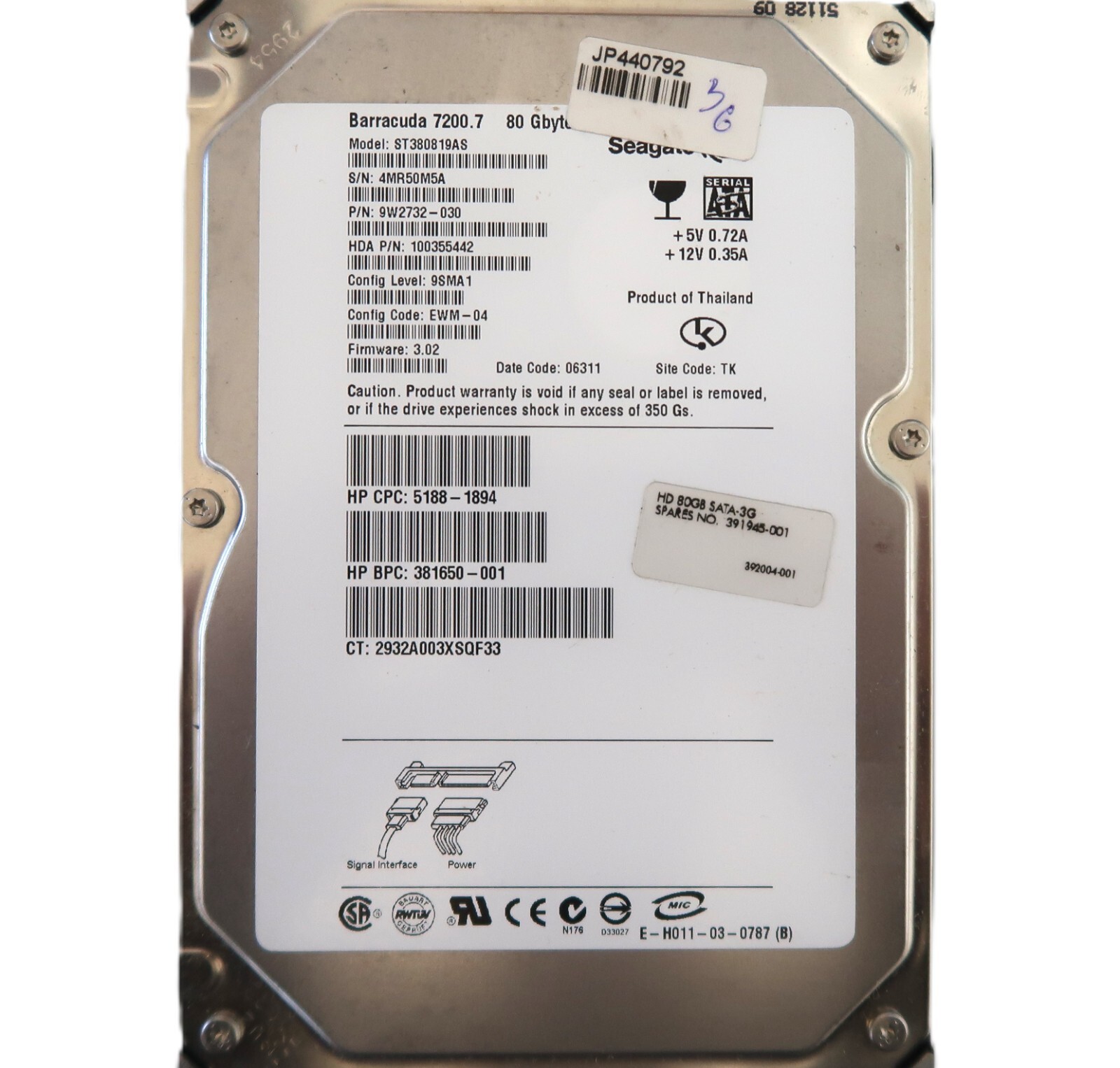Seagate ST380819AS 9W2732-030 100355442 9SMA1 EWM-04 3.02 TK 3.5″ 80gb 01/2006