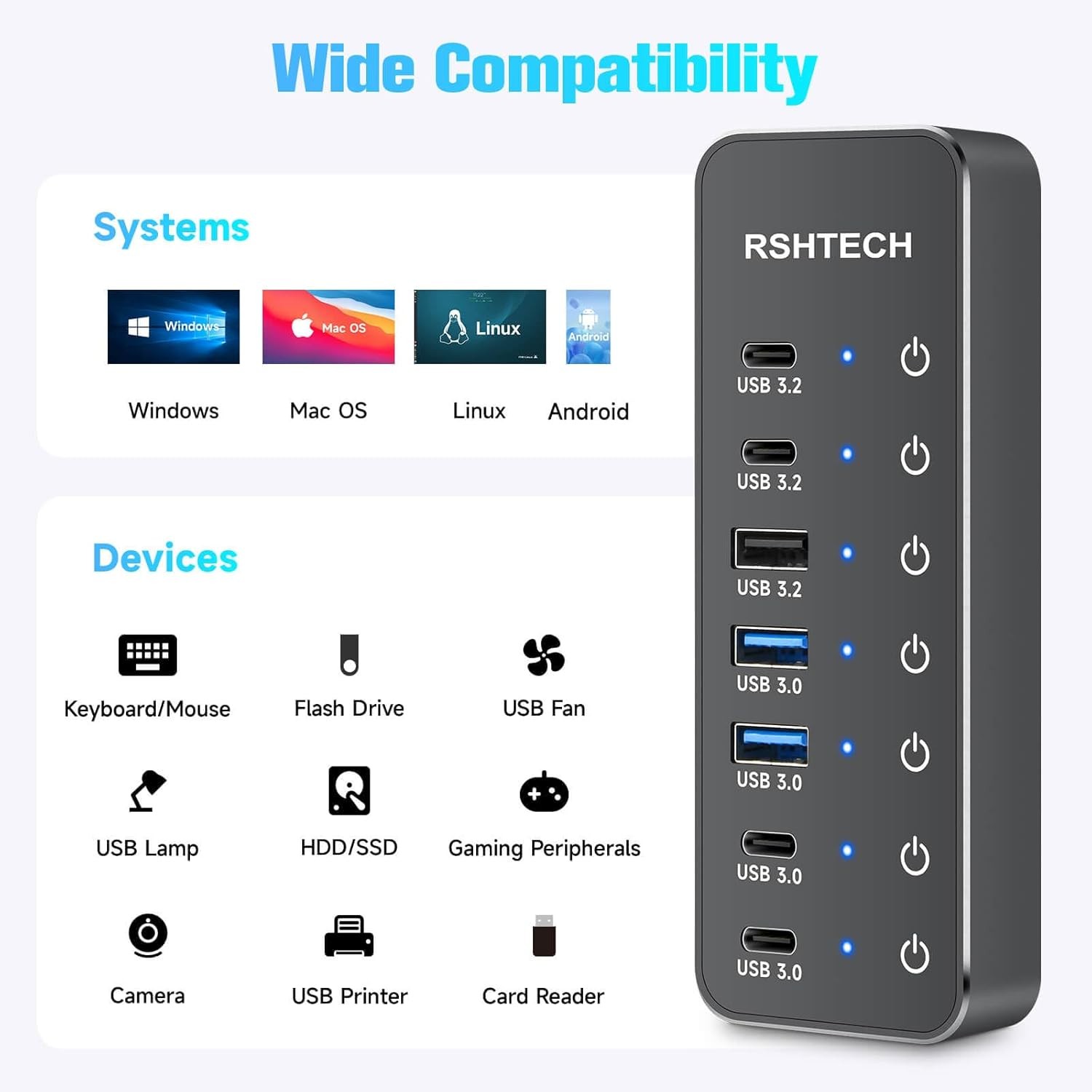 7-Port Powered USB 3.2/USB-C Hub Splitter with 3 X 10Gbps USB-3.2 Ports (2C + 1A