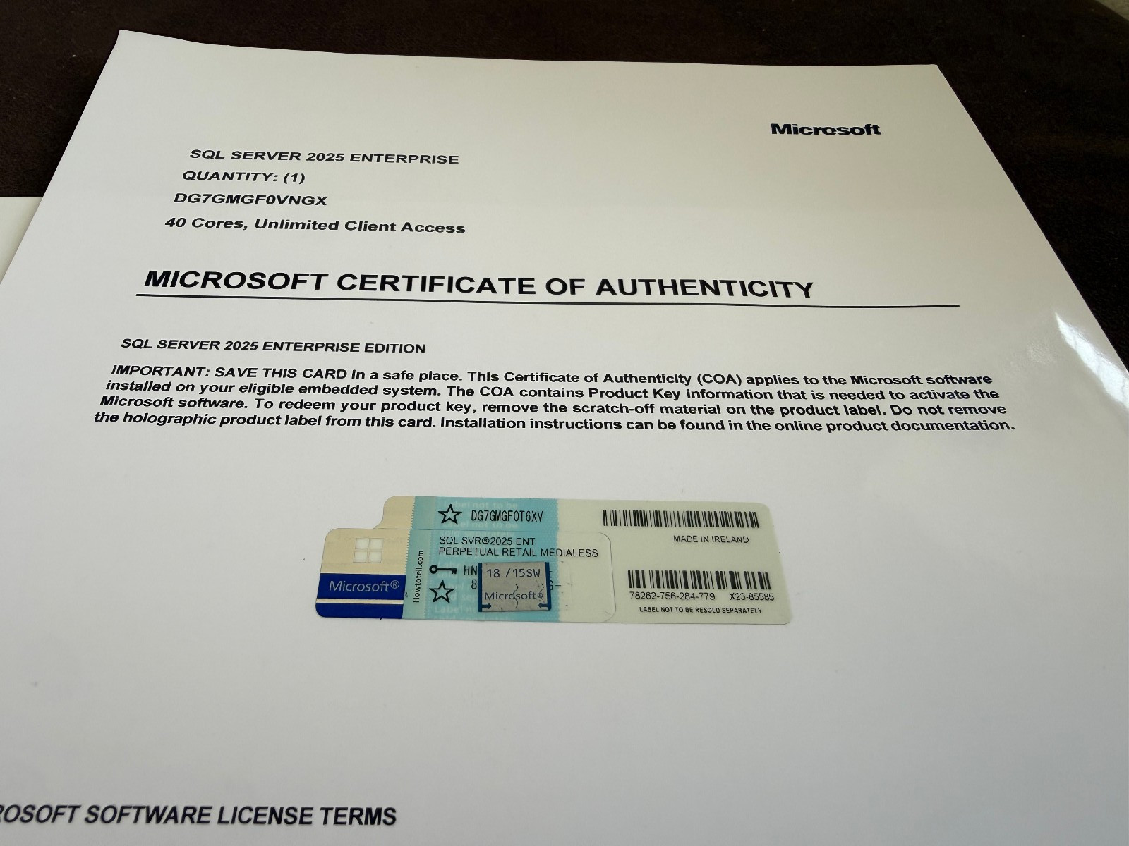 Microsoft SQL Server 2025 ENTERPRISE 40 Core Unlimited User CALs CoA GENUINE.