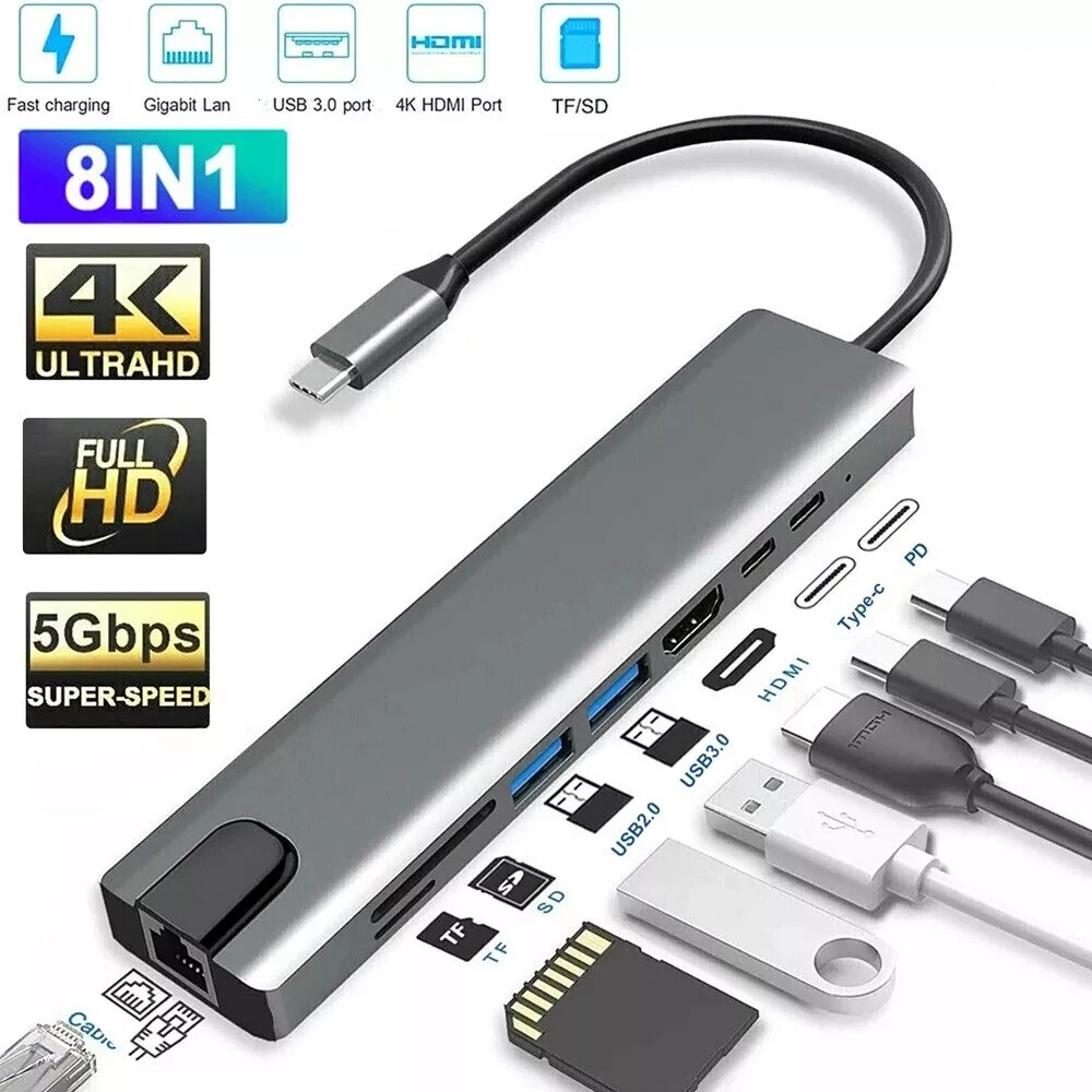 8 in 1 USB-C Hub Type C To USB 3.0 4K HDMI RJ45 Adapter For Macbook & Windows