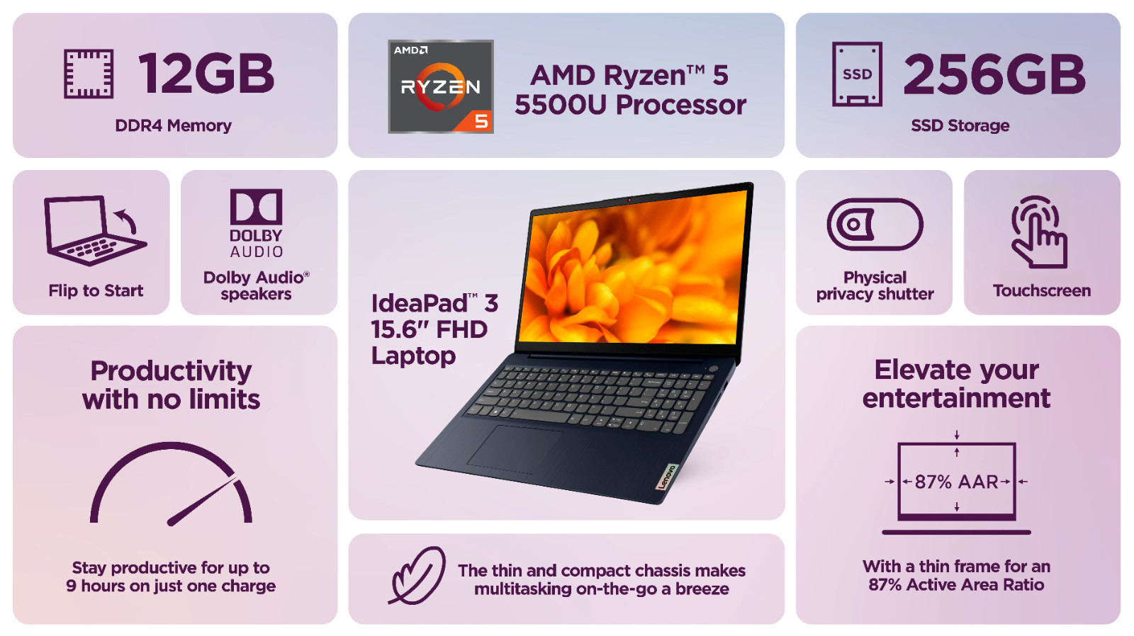 Lenovo IdeaPad Laptop 15.6″ Touch AMD Ryzen 5, 12GB RAM 256GB SSD Office Backlit