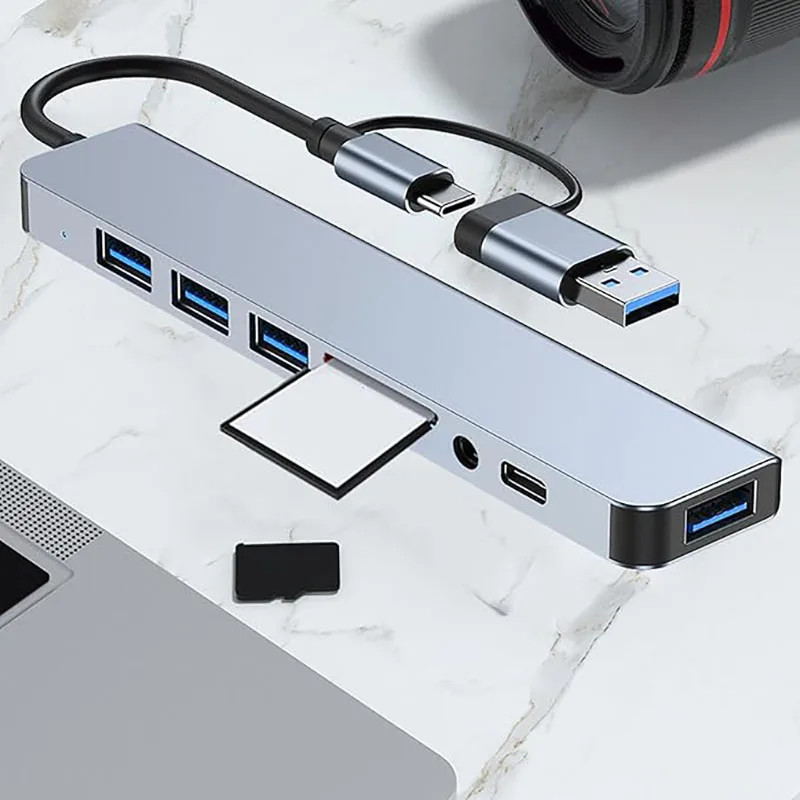 8 in 1 USB C Hub Adapter 4 USB Ports SD/TF Card Reader Audio Jack for Laptop