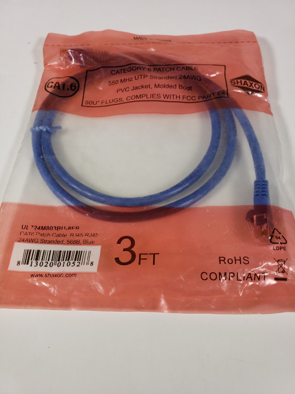 Shaxon UL724M803BU-8FR CAT6 Patch Cable RJ45-RJ45, 24AWG Stranded 568B Blue 3 ft