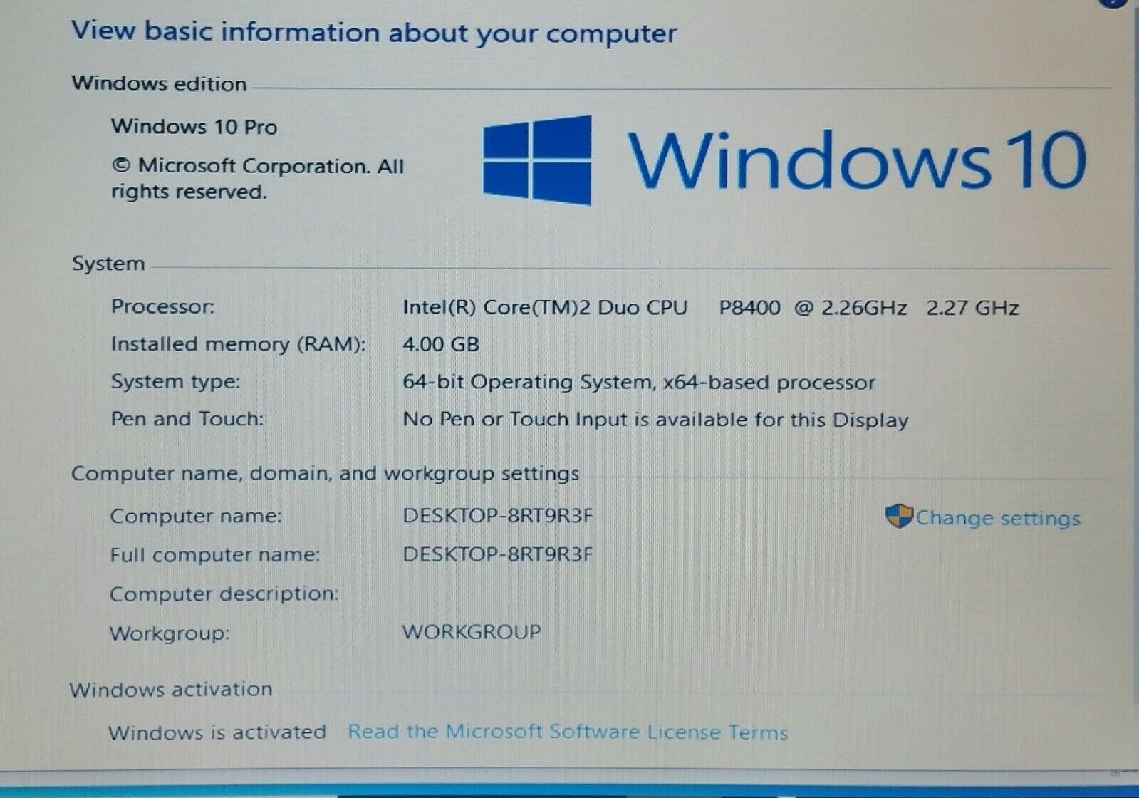 Dell Latitude E6400 intel Core 2 Duo P8400 @ 2.26GHz 4GB RAM 250GB HDD Win 10