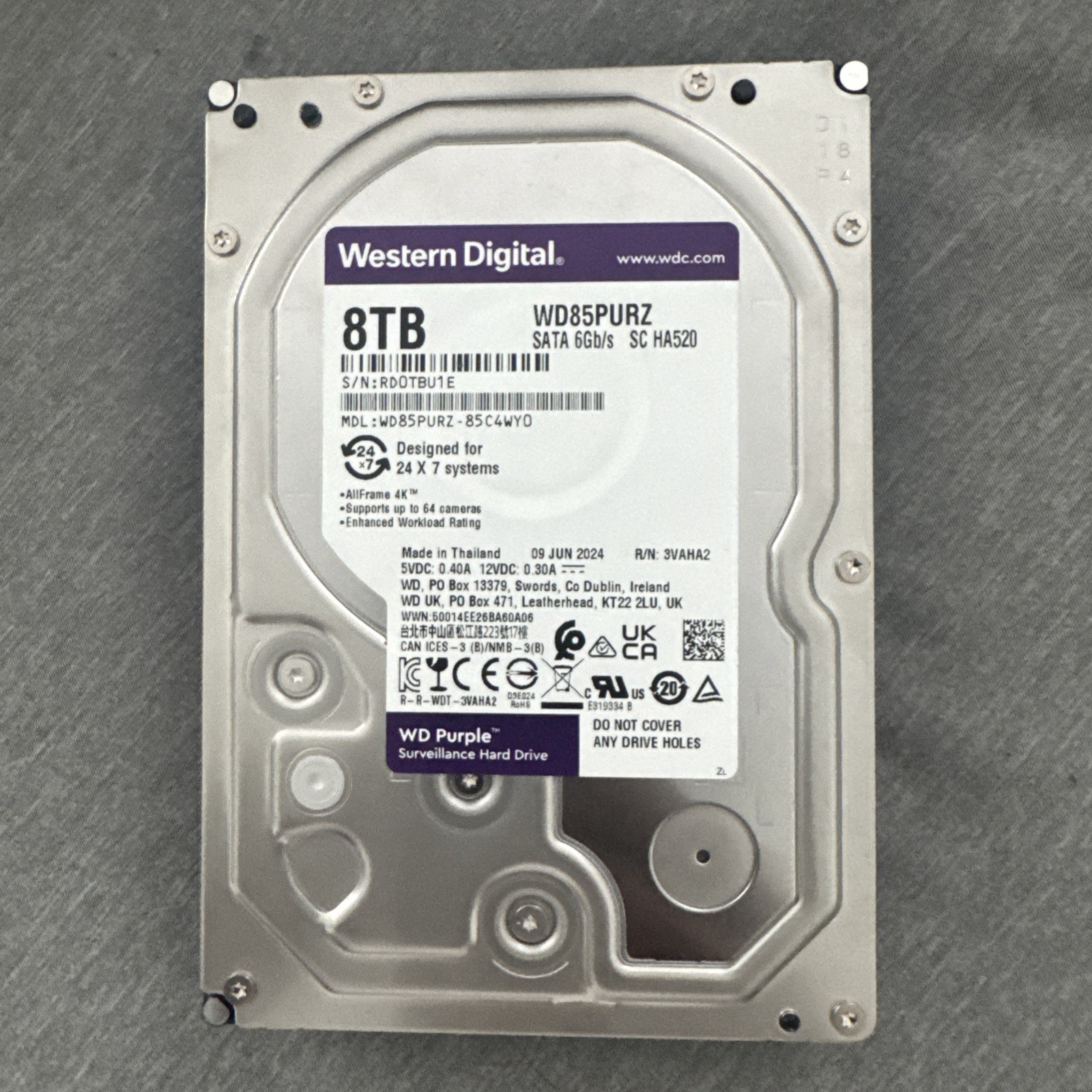 WD Purple 8TB 5640 RPM SATA 6Gb/s 256MB 3.5in Surveillance HDD WD85PURZ FORPARTS
