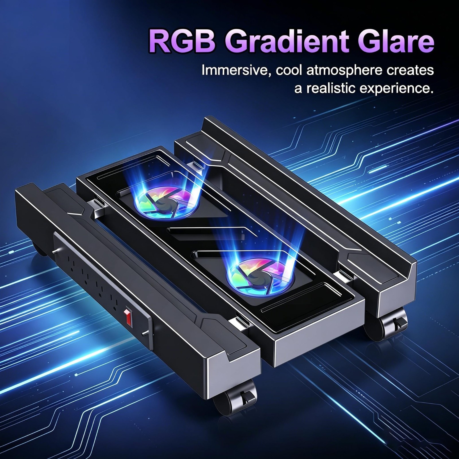 Adjustable Mobile PC Tower Stand with Cooling Fans & RGB Light, 4 Locking Wheels
