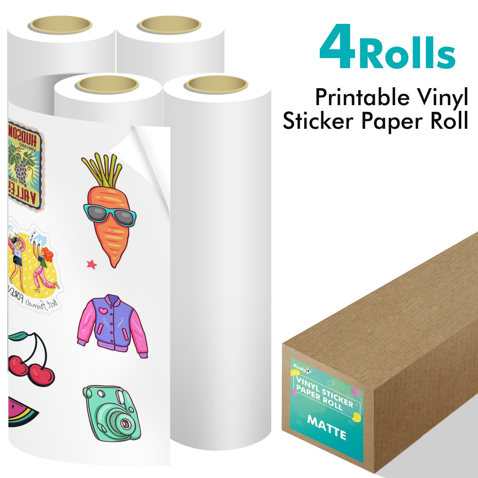Koala Printable Vinyl Sticker Paper 4 Rolls 13″X32.8 FT Matte White Inkjet Print