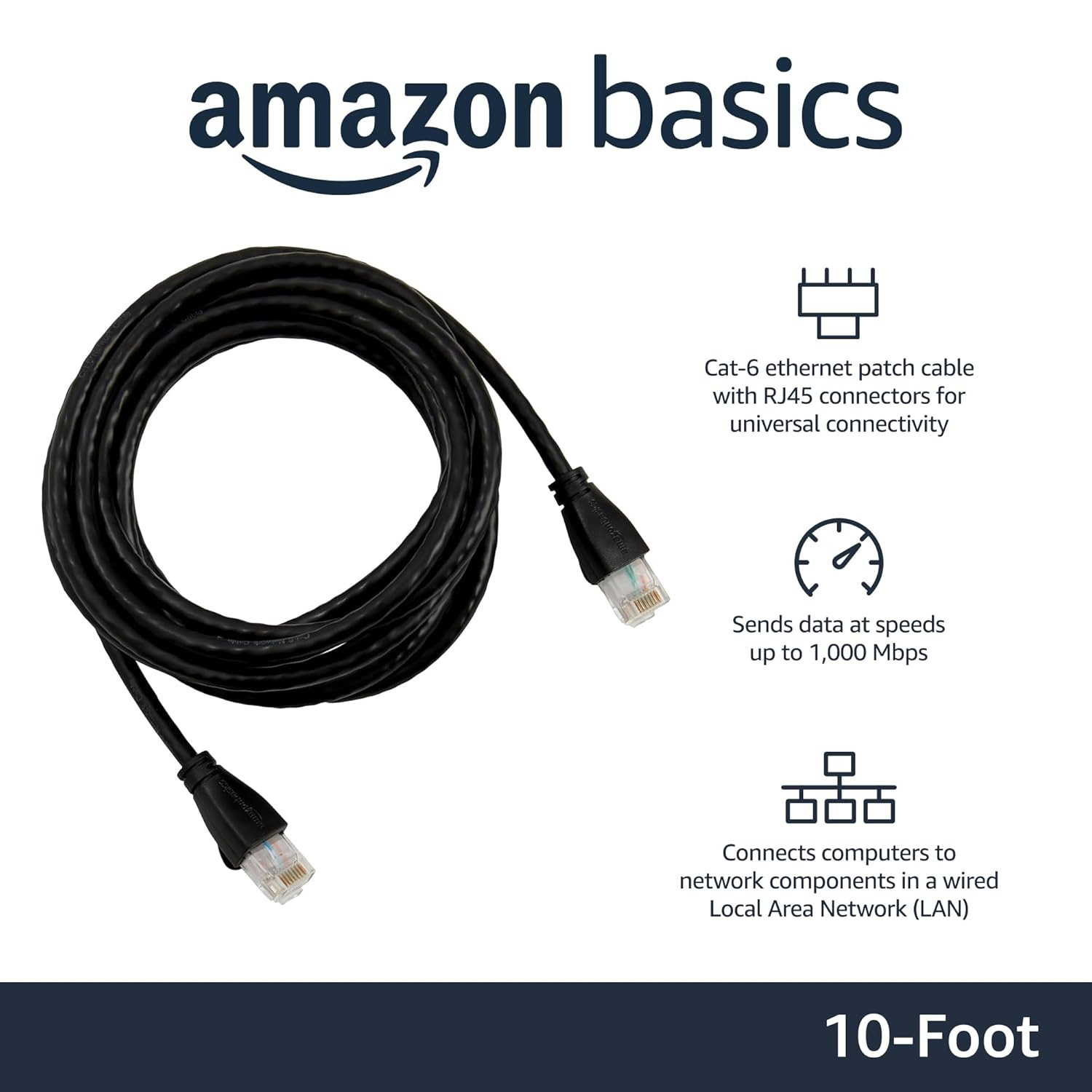 RJ45 Cat-6 Ethernet Patch Cable, 1Gpbs Transfer Speed, Gold-Plated Connectors, N
