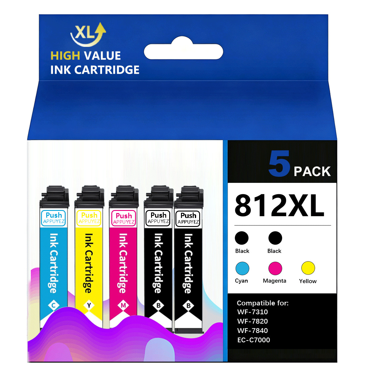 5Pack 812XL Ink Cartridges Combo Pack Work for Espon WF-7840 WF-7820 WF-7310