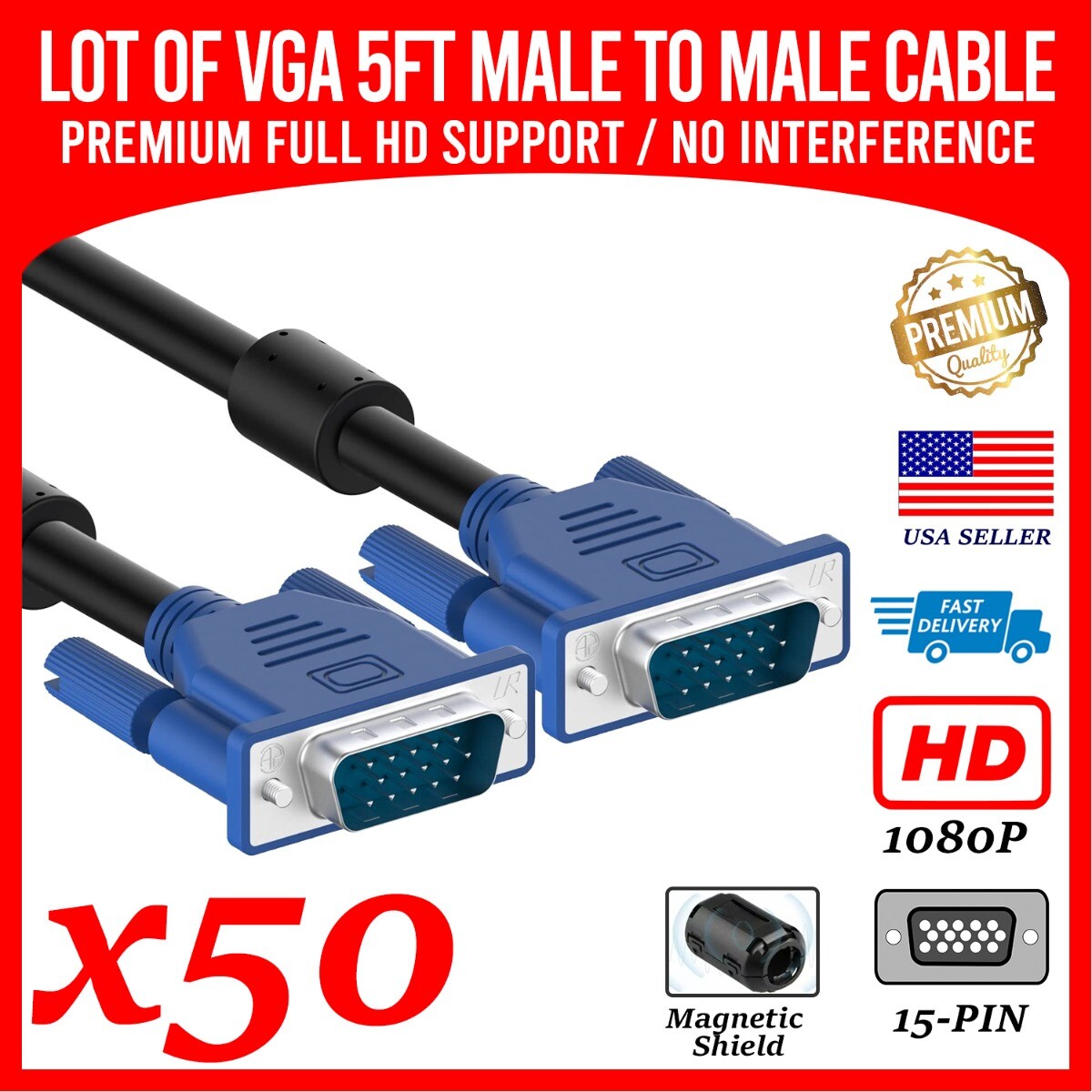 50 Pack of Brand New VGA Cable Excellent Quality No Interference Full HD – 5ft