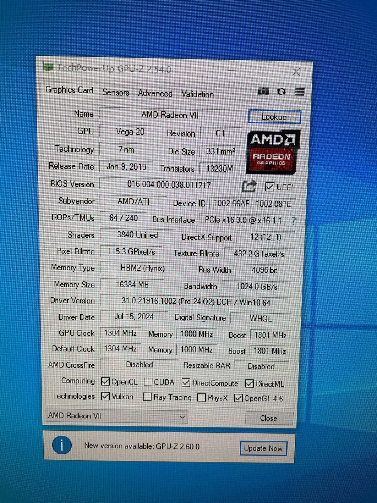 AMD Vega20 Radeon VII 16GB HBM2 3840 core 4092 bit Graphics Card TDP 295W