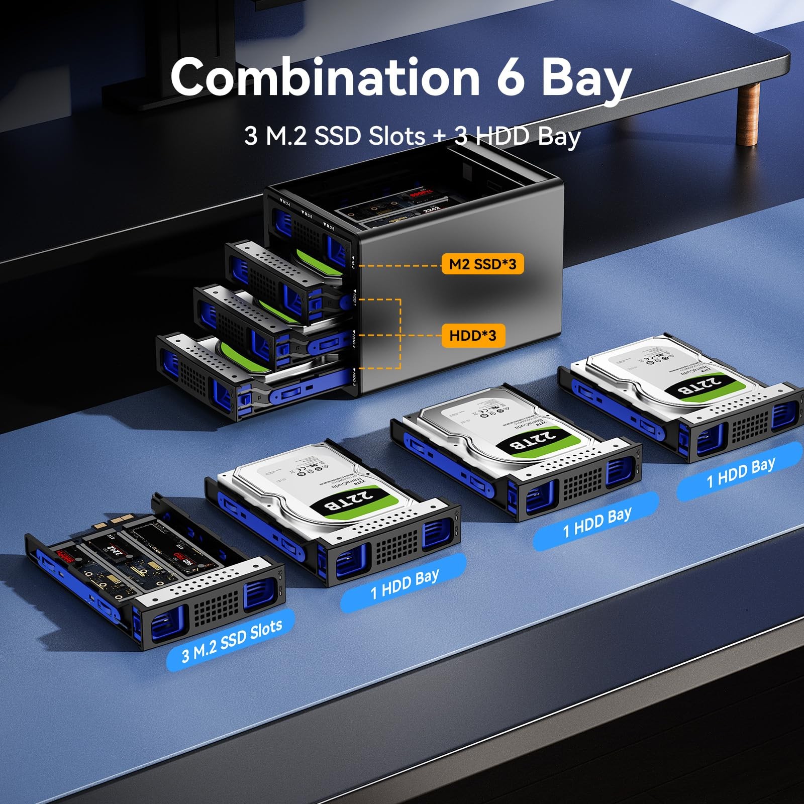 CENMATE Hybrid 3*2.5/3.5″ SATA HDD/SSD+3* M / B+M Key M.2 NVMe 6 bay, Black
