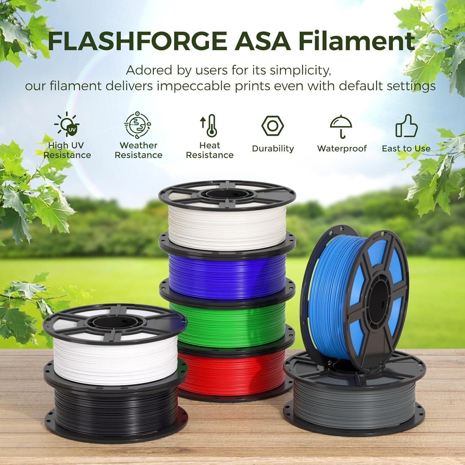 FLASHFORGE ASA Filament 1.75mm 3D Printer Filament 1kg Durable High UV-Resistant