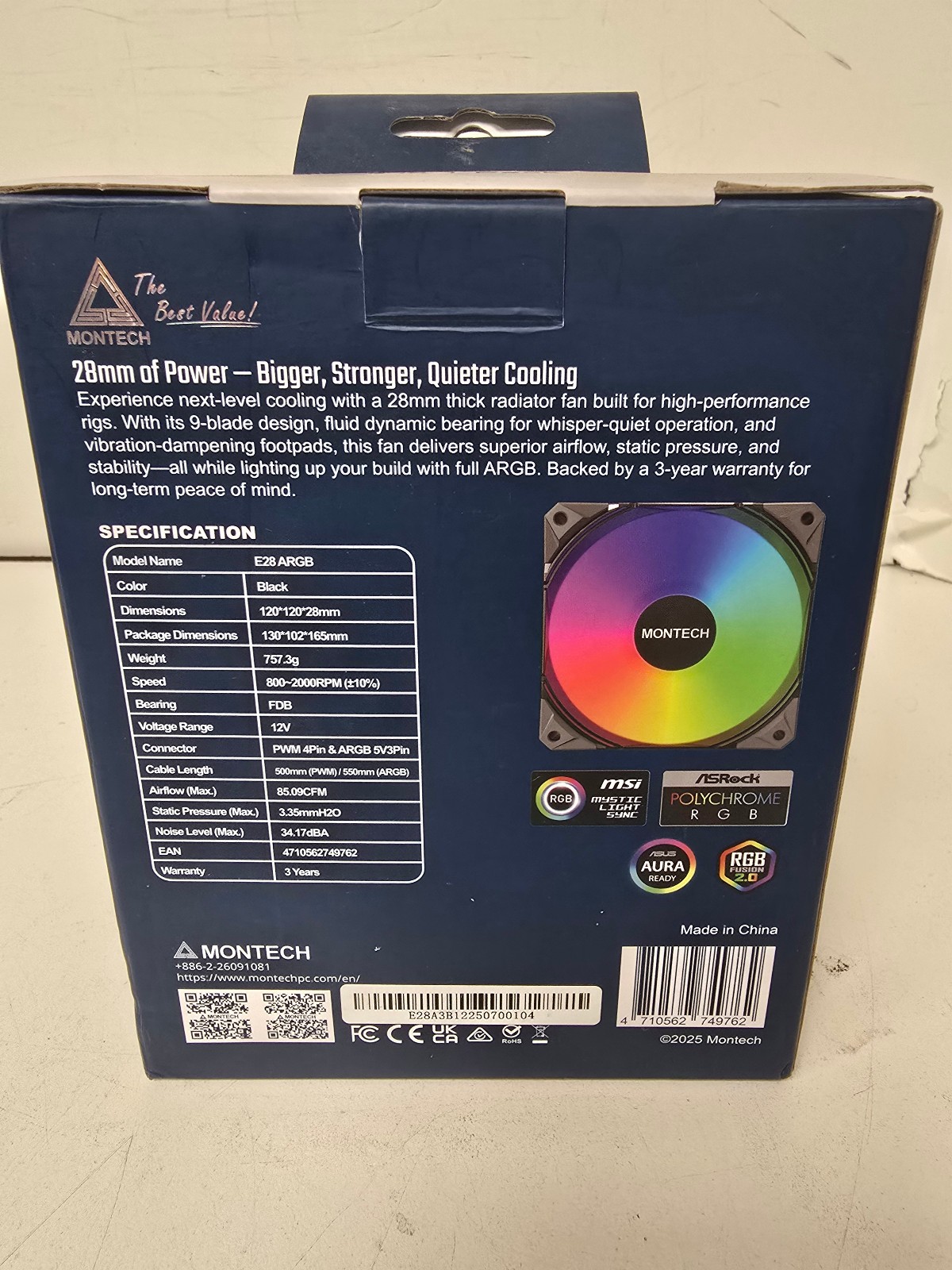 Montech E28 ARGB Fluid Dynamic Bearing 120mm Case Fan – Black (3 Pack)