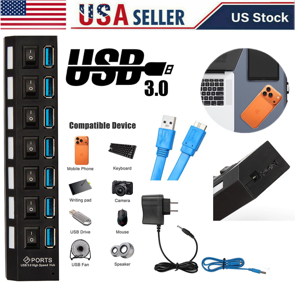 7 Port USB 3.0 Hub Powered AC Adapter Switch Splitter for PC Laptop Desktop