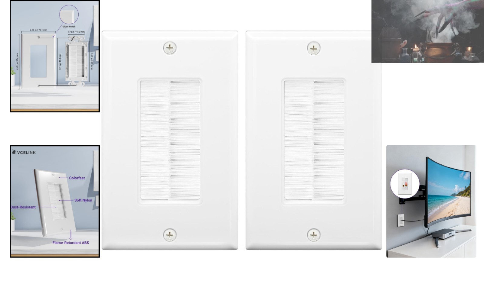 Durable White Brush Wall Plate for Low Voltage Cables – 2-Pack, Polished Finish