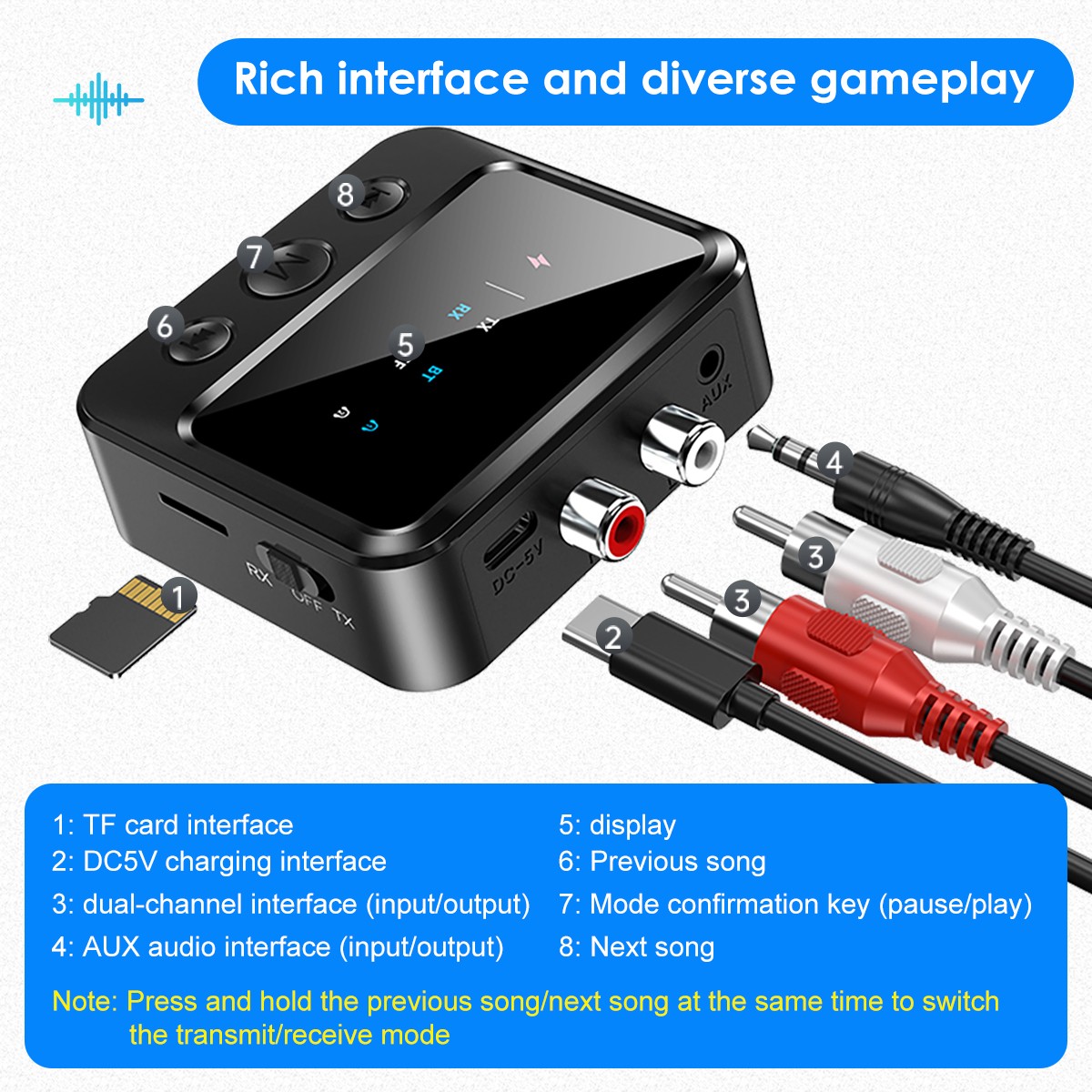 Bluetooth 5.4 Stereo Audio Receiver Transmitter AUX USB HD Music to RCA Adapter