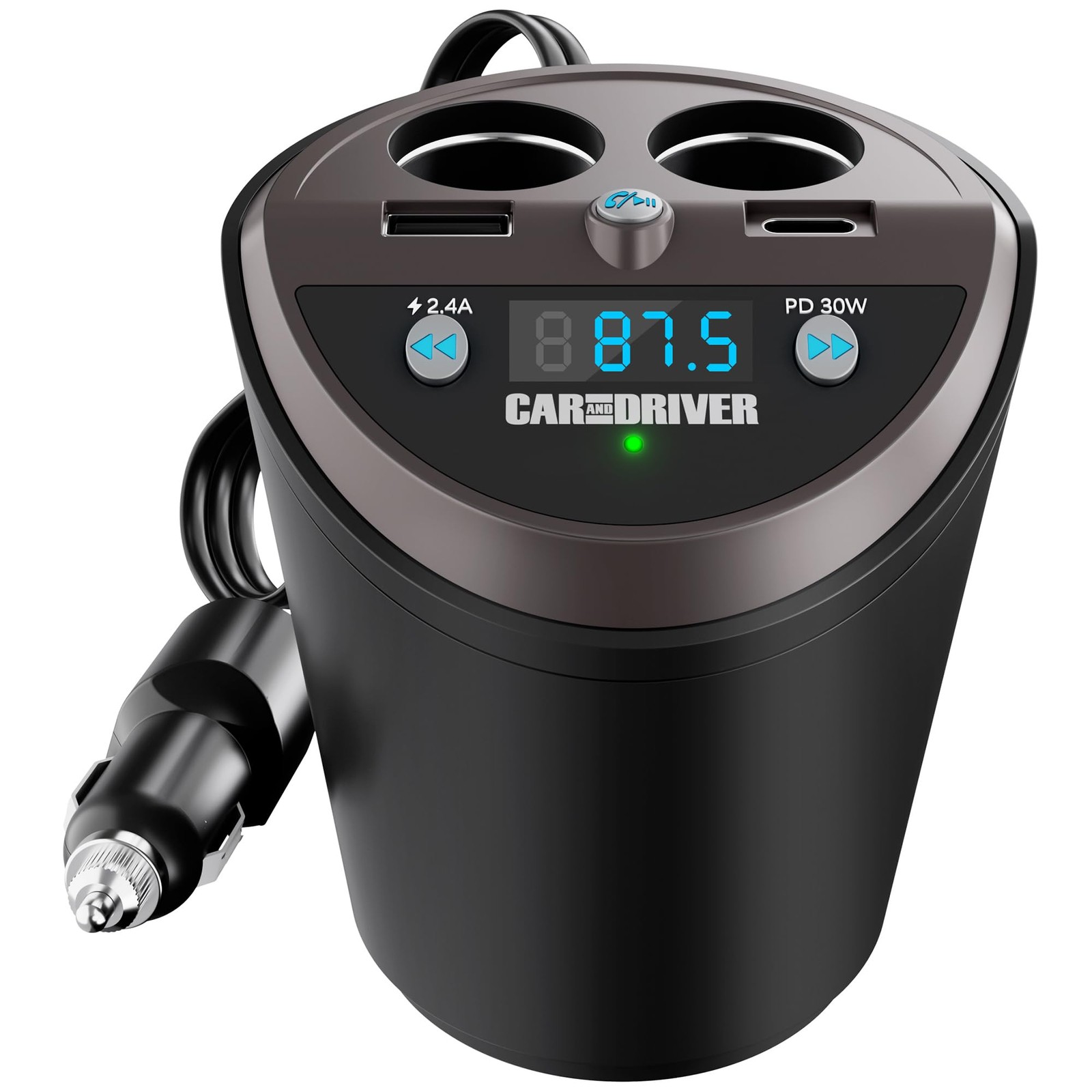 Car Bluetooth FM Transmitter Cup Holder, Dual USB-A & USB-C Ports – Voice