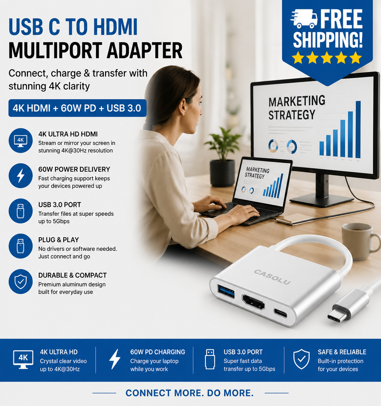 USB C to HDMI Adapter, 4K HDMI to USB-C Adapter with 60W PD & USB 3.0 Port Multi