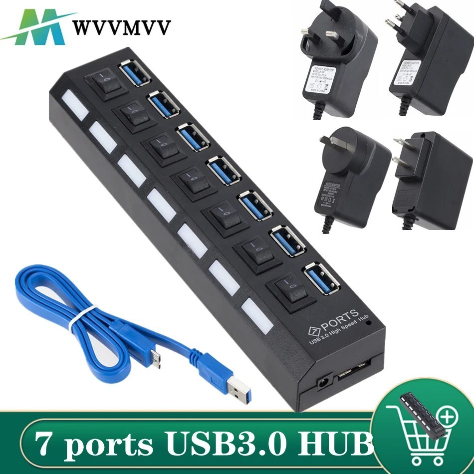 7 Port USB 3.0 Hub Splitter Adapter High Speed Extension For PC Laptop Desktop