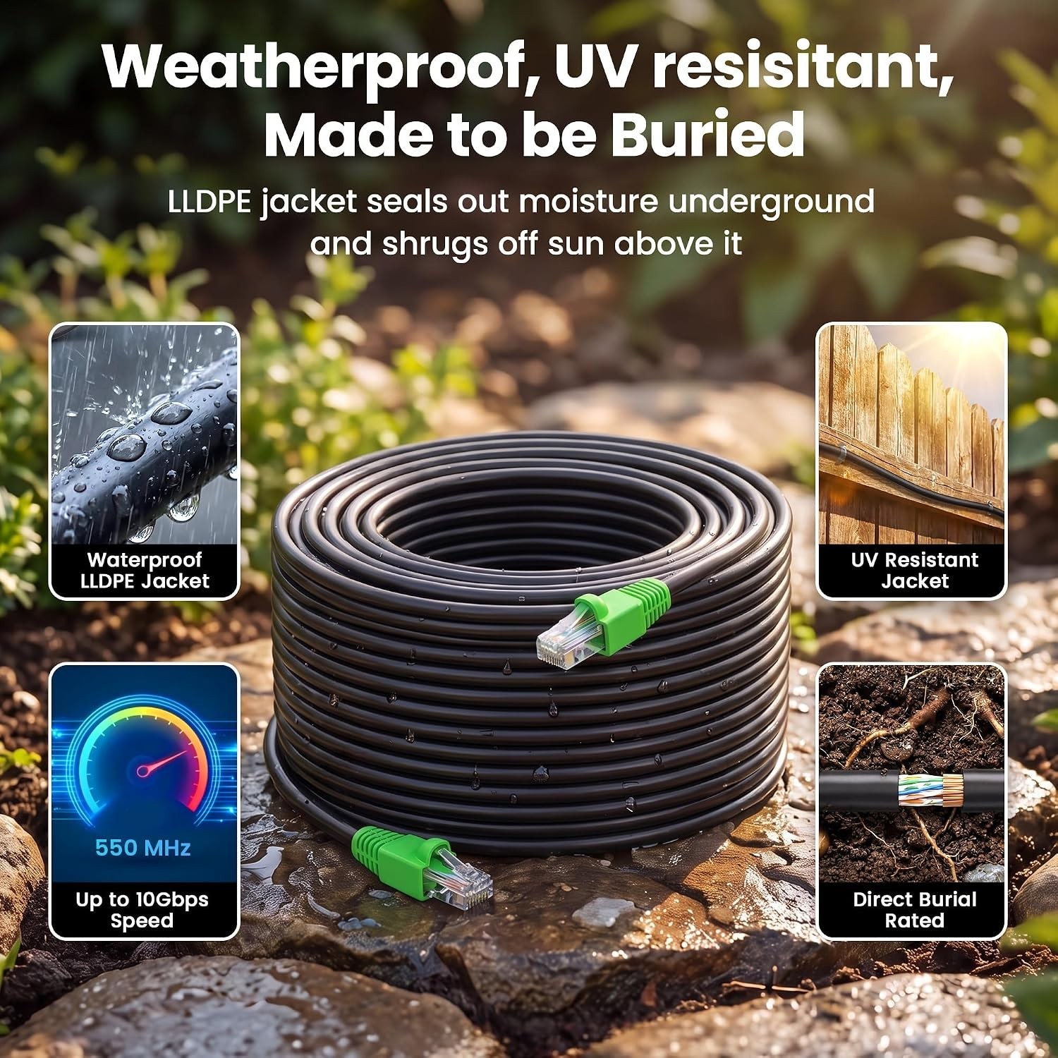 Outdoor Cat6 Ethernet Cable 200ft – High-Speed Up to 10Gbps with RJ45 Connectors