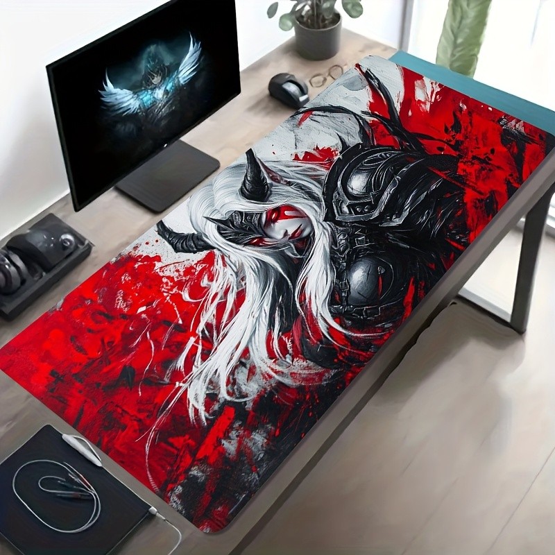 A Large Gaming Mouse Pad Featuring a Red And Black Design of a Female Warrior i