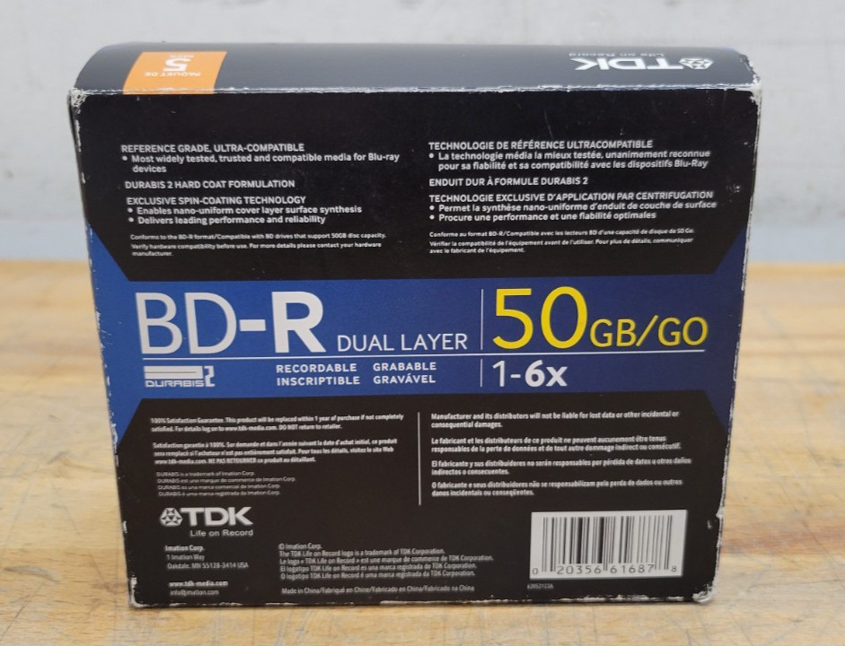 TDK Blu-Ray BD-R Discs 5 Pack – 1-6x 50GB Dual Layer Discs – Open Box