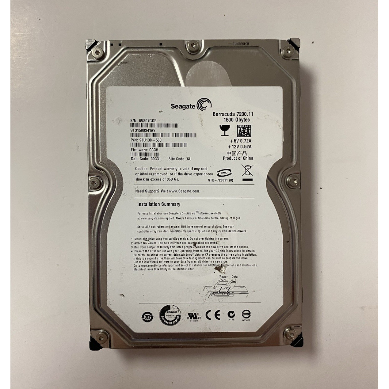 Seagate Barracuda 7200.11 1.5TB SATA 3.5″ 32MB 7200RPM HDD ST31500341AS