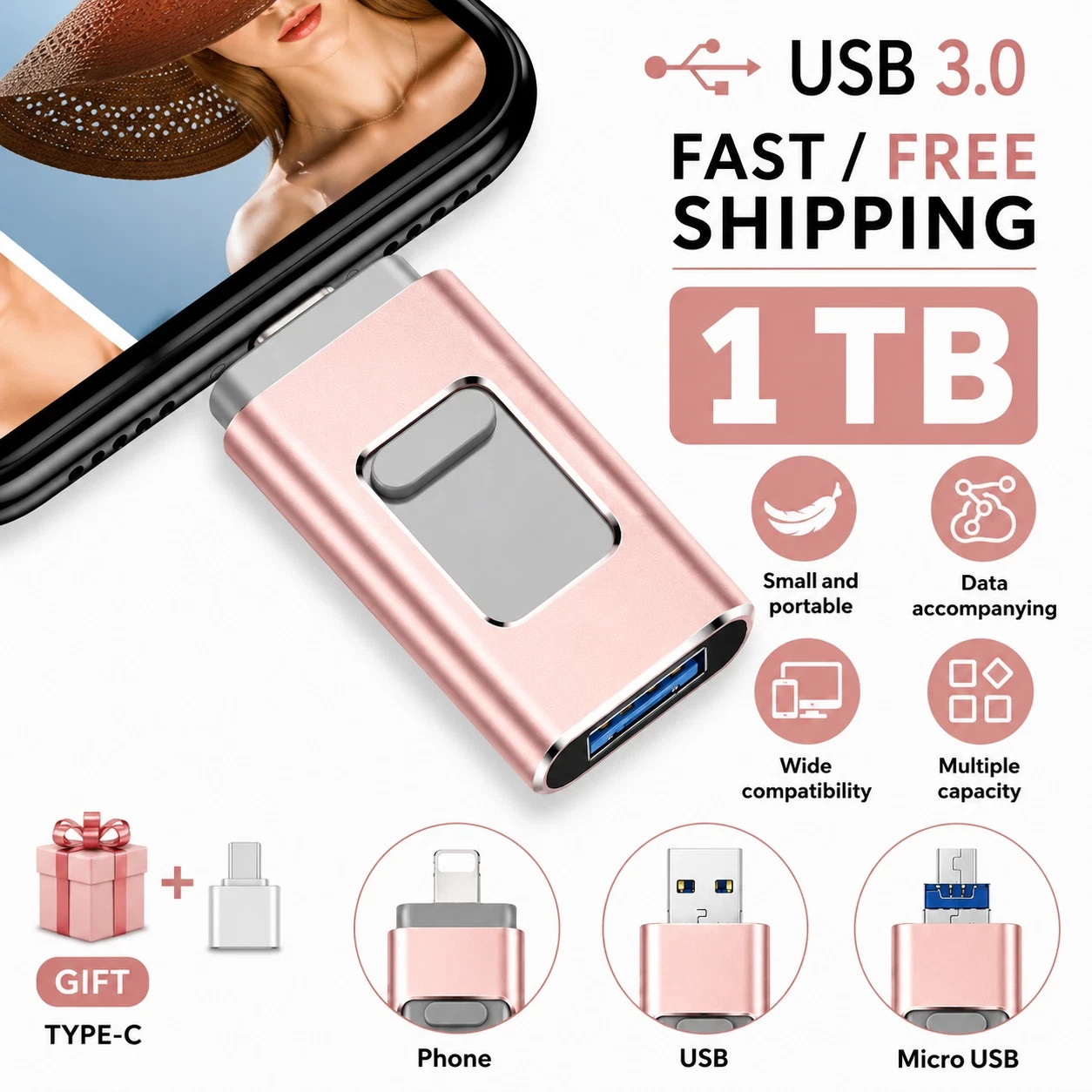 4 IN 1 USB 3.0 Flash Drive Memory Photo Stick for iPhone Android Type C