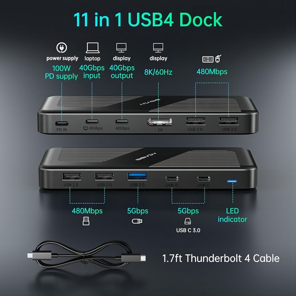 ACASIS Thunderbolt 3 Dock 40Gbps 8K Dual Display USB-C PD60W USB-A Hub