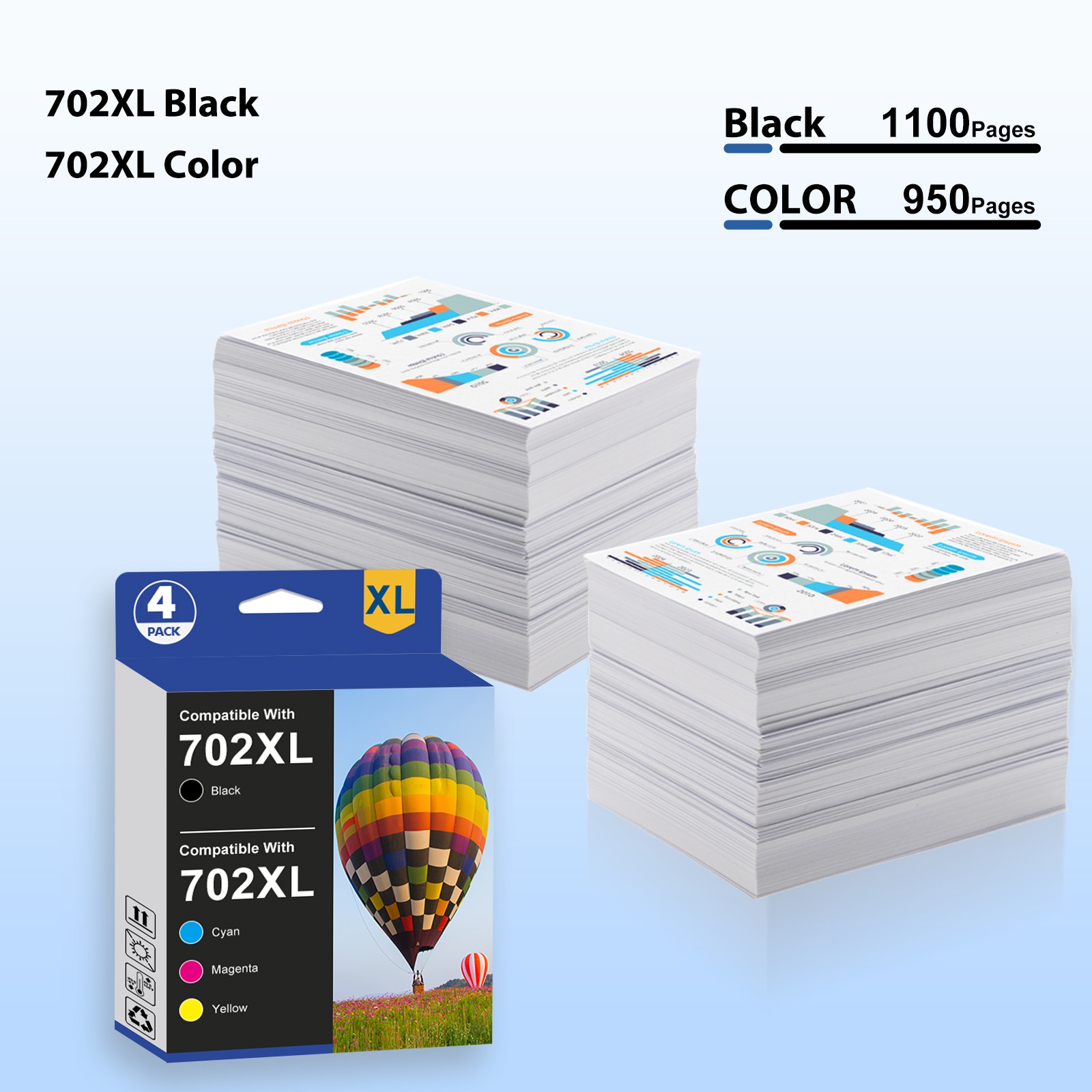4pk 702XL T702 XL Ink Cartridge for Epson 702 Workforce WF-3720 WF-3730 WF-3733