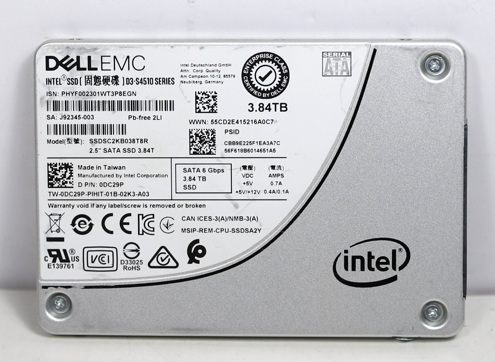 Dell EMC D3-S4510 3.84TB SATA DC29P SSD 2.5″ 6Gb/s SSDSC2KB038T8R 0DC29P