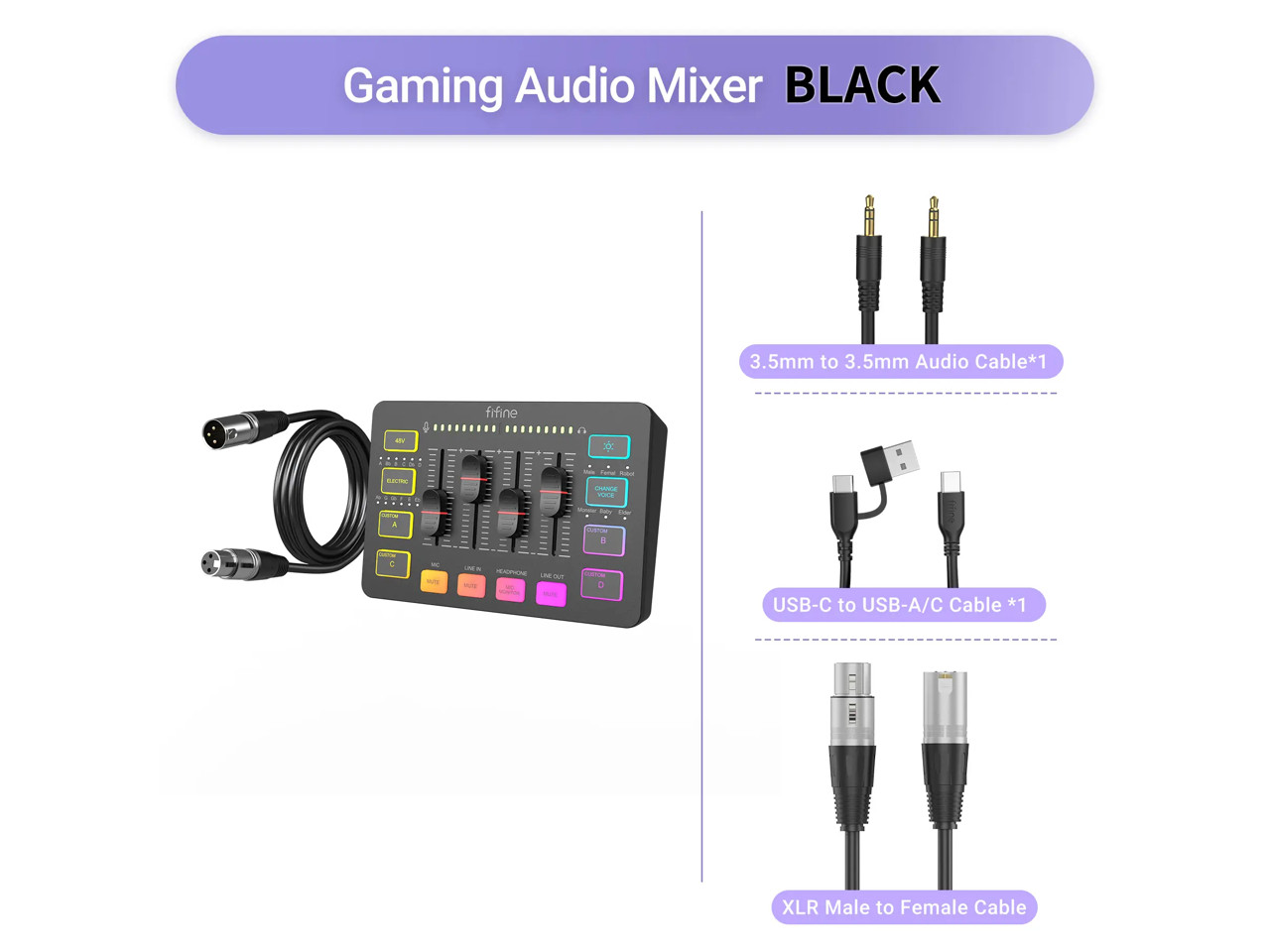 FIFINE SC3 Gaming Audio Mixer with XLR Cable Bundle, Streaming RGB PC Mixer with