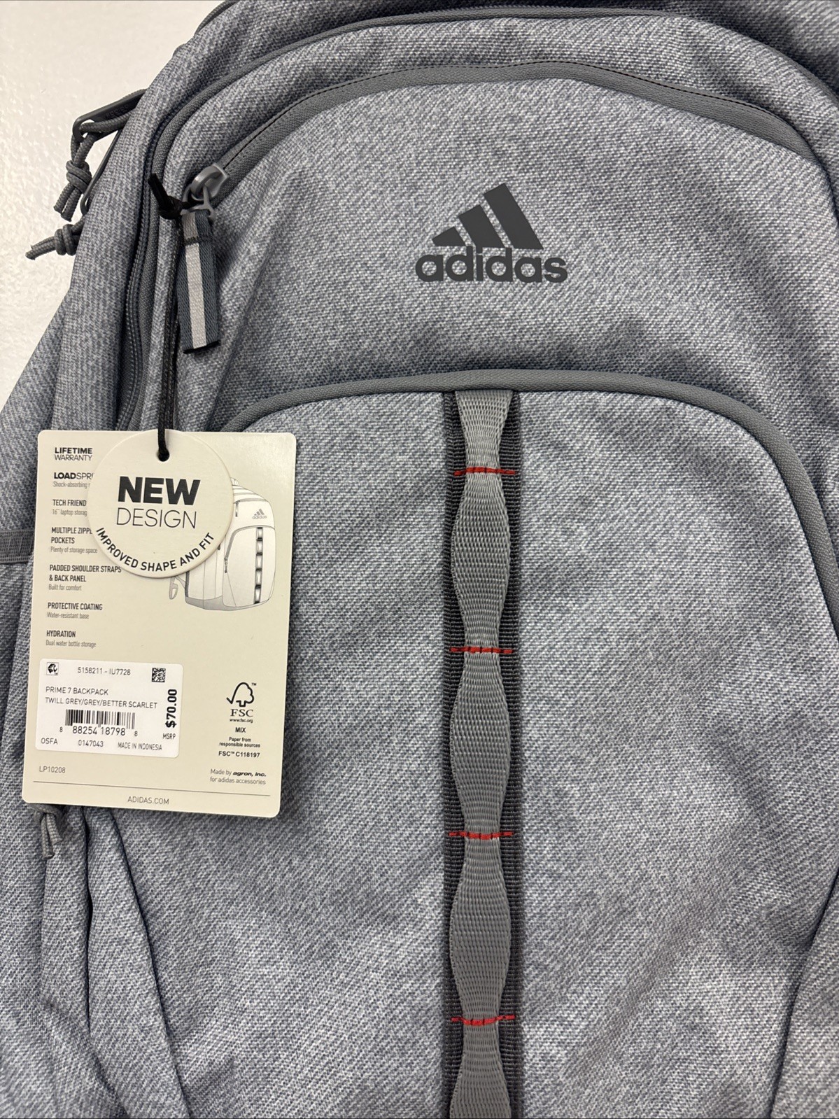 adidas Prime Backpack for Work, One Size, Twill Grey/Grey/Better Scarlet/2