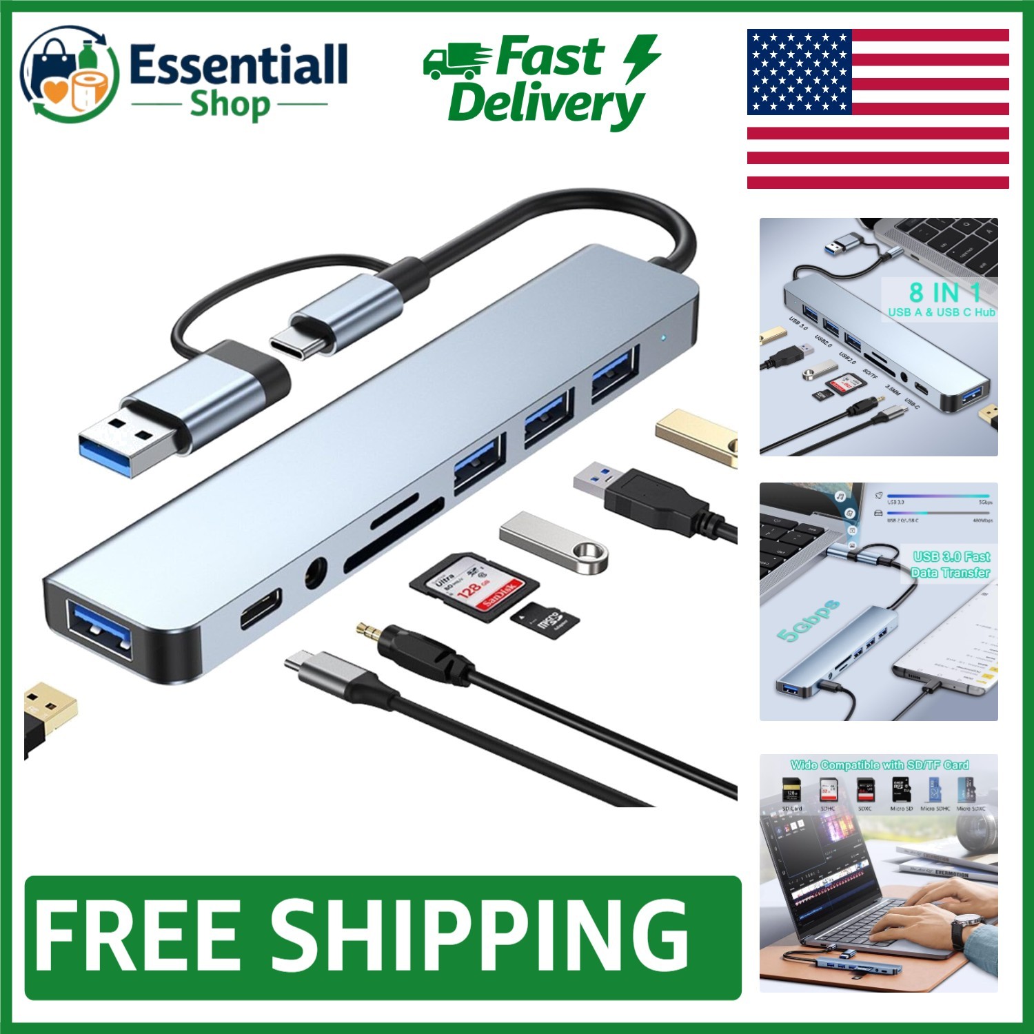 8-in-1 USB Hub: Aluminum Extension with SD Reader & 5Gbps Data Transfer, Silver
