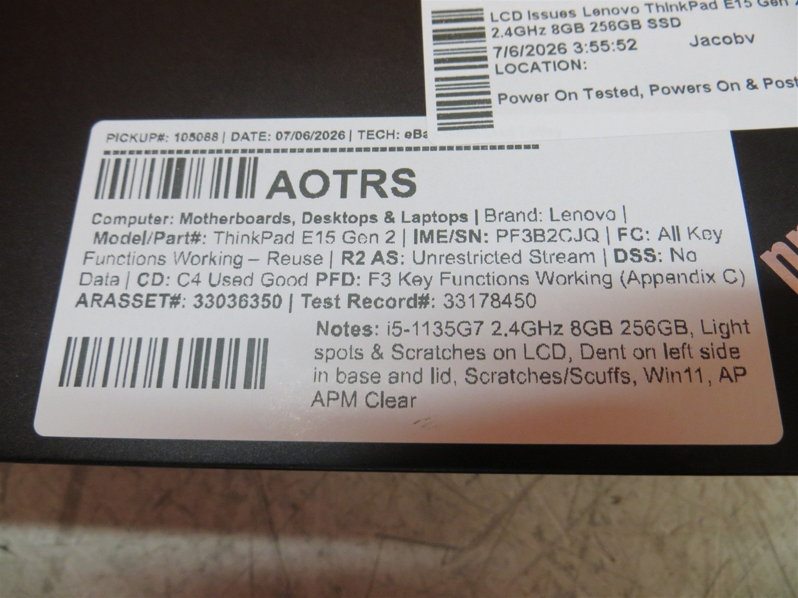 Light Spots Lenovo ThinkPad E15 Gen 2 Intel i5-1135G7 2.4GHz 8GB 256GB