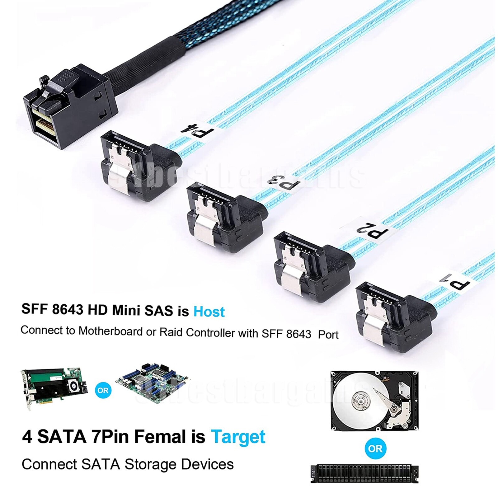Mini SAS HD Breakout SFF-8643 to 4X SATA Right Angle Server Raid Cable 0.5/1M